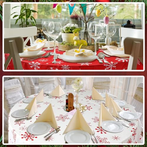 Image of Ganeen 6 Pcs Christmas Snowflakes Table Cover Decorations 84 Inch Red and White Plastic Tablecloth Winter Snowflake Holiday Party Decorations Table Cover for Christmas New Year Party Supplies
