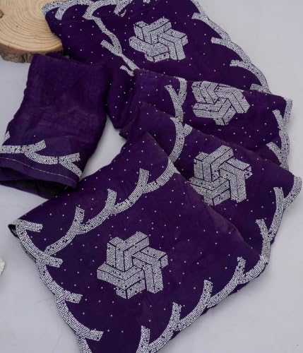 Image of Chiffon Satin Saree for Women with C Pallu PP Siroski Diamond Work, Cutwork Border & Matching Blouse Saree for Wedding, Festive and Traditional Occasions