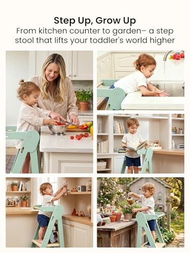 Image of Grownsy Foldable Step Stool Toddler Tower, Toddler Kitchen Stool Helper, Collapsible Kids Standing Tower with 3 Adjustable Heights and Safety Net for Kitchen Bathroom Sink Counter (Green)