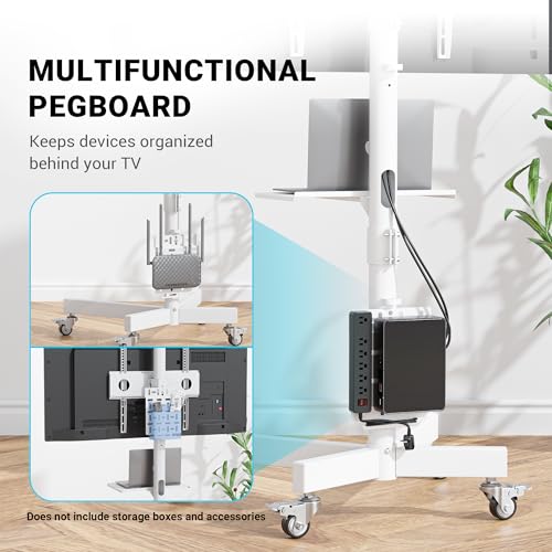 Image of BONTEC Rolling TV Stand with Pegboard Storage for 32-65 Inch TVs, Holds, Height Adjustable Mobile TV Cart on Metal Wheels with Shelf & Cable Management,Holds up to 88 lbs, Max VESA 400x400mm, White