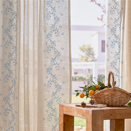 Image of jinchan Floral Linen Curtains, Back Tab 50x63 Inch, 2 Panels Blue