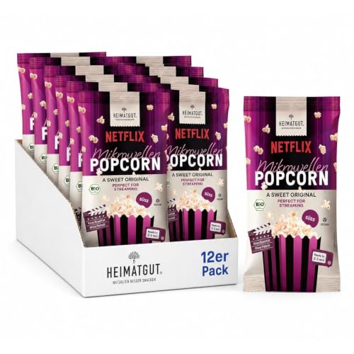 HEIMATGUT Bio Mikrowellen Popcorn Süß | Kino-Feeling in 3 Minuten | Mit Bio-Mais Bio-Rohrzucker & Sheabutter | 100% Bio & vegan | Glutenfrei | 12 × 90 g