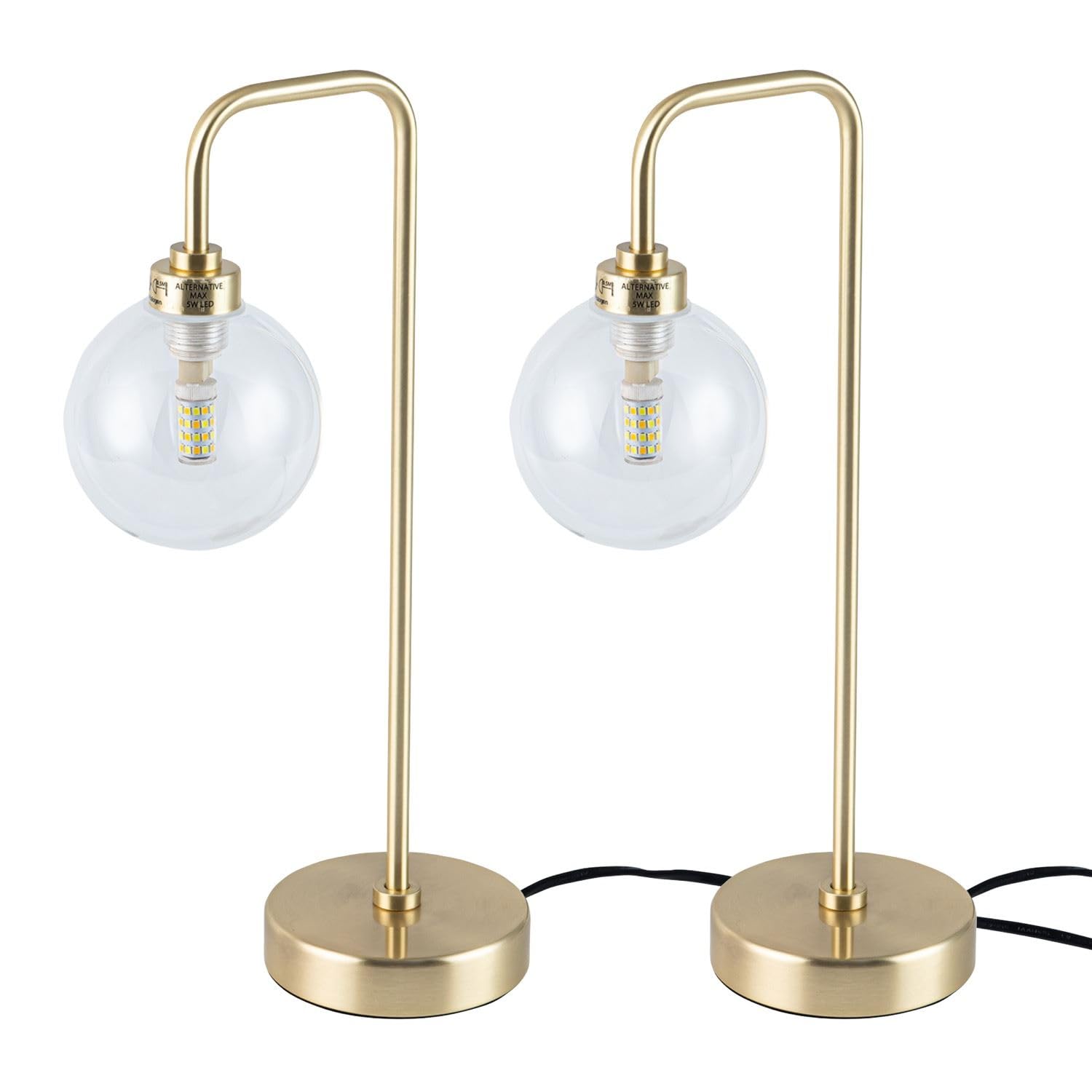 firstchoicelighting Set of 2 Brushed Gold Brass Table Lamps or Bedside Lights with Clear Glass Globe Shade, Height 38cm, LED Compatible