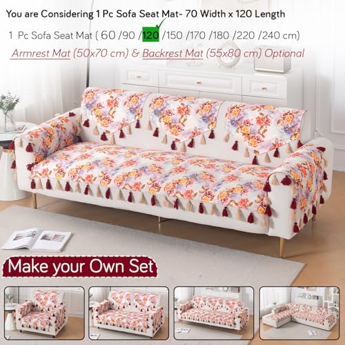 Image of HOKIPO Sofa Cover Mat with Tassel for 1 /2 /3 Seater & L Shape Sofa | DIY Sofa Cover Set | Digital Printed Holland Velvet | 'Whispers of Nature' | 70(W) x 120(L) cm | Vintage Rose Bloom (IN-1119-D12)