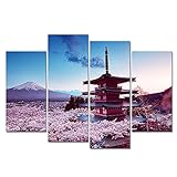 Derkymo 4 PCS Janpan Mount Fuji and Chureito Pagoda Pictures Cherry Blossom Flower Canvas Wall Art Landscape Prints for Wall Modern Artwork Stretched and Framed Ready to Hang 12