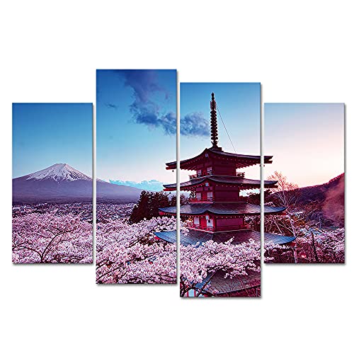 Derkymo 4 PCS Janpan Mount Fuji and Chureito Pagoda Pictures Cherry Blossom Flower Canvas Wall Art Landscape Prints for Wall Modern Artwork Stretched and Framed Ready to Hang 12