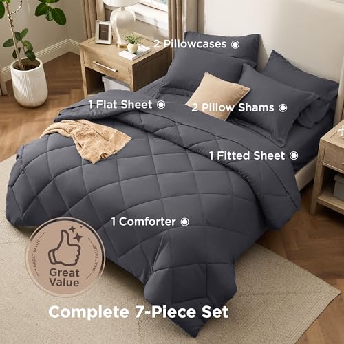 Image of Bedsure 7 Pieces Full Comforter Set Premium Series, Hotel Luxury Soft Bed in a Bag, Goose Down Alternative, Safe for Sensitive Skin Bedding Comforter All Season Medium Warmth, Dark Grey Full Size
