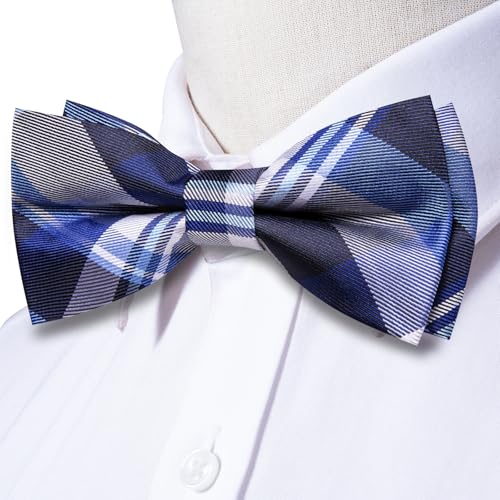 Image of Hi-Tie Bow Tie Men Pre Tied Bowtie Pocket Square Cufflinks Lapel Pin Formal Wedding Bow Ties for Men Party Tuxedo Bowtie Set,Blue White Plaid