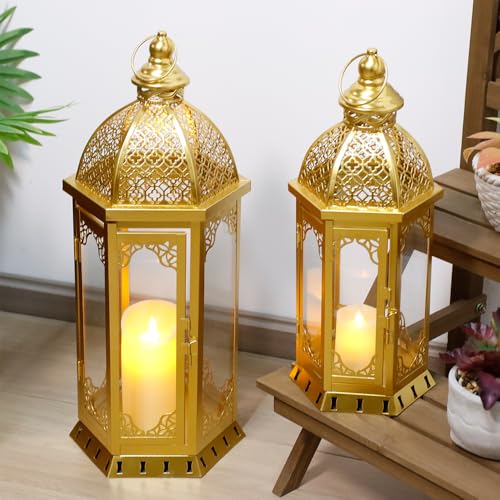 JHY DESIGN Set of 2 Decorative Candle Lantern 50 cm & 38 cm High Outdoor Candleholders Vintage Metal Candlestick for Garden Porch Parties Weddings Patio Indoor Home Decor(Gold)