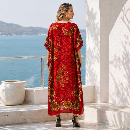 Image of Miss Lavish London Kaftan Dresses for Women,Beach Kaftan Coverups,Hawaiian Coverups for Women,Long Beach & Swimsuit Coverups,Plus Size African Caftan Dress,Moroccan Style Loungewear Red XL