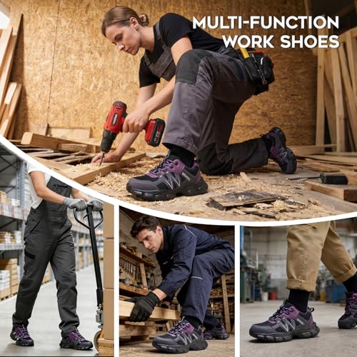 Image of Hogent Steel Toe Shoes for Women Men Wide Non Slip Work Sneakers Indestructible Shoes Lightweight Breathable Construction Sneakers Puncture Proof Ergonomic Design