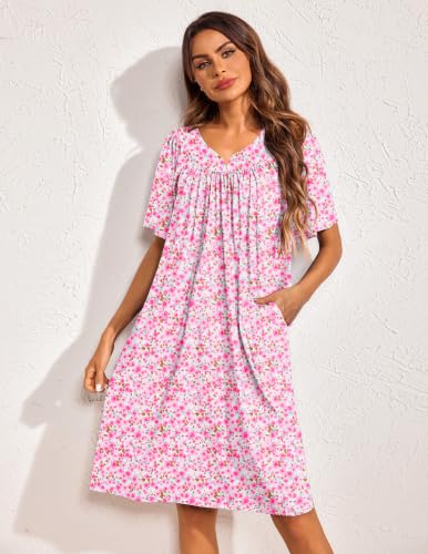 Image of Ekouaer 2 Pack House Dresses for Women with Pockets Short Sleeve Moo Moos Floral Print Mumu Dresses