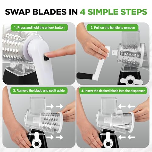 Nutrichef 3 in 1 Cheese Grater & Shredder | Strong Suction Base, Rotary Handle with Safety Lock | Includes Hand Crank & 3 Drum Blades for 3 Textures, Fine, Medium & Strips | Black by Nutrichef - Image 3