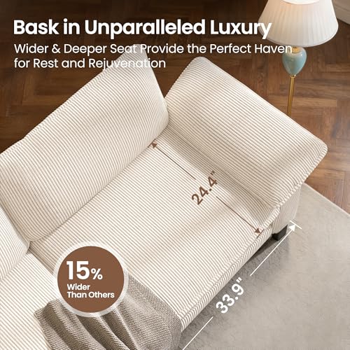 Image of PHI VILLA Cloud Modular Couch Sets with Swivel Accent Chair, 123.6 inch Sectional Sofa with L-Shaped Chaise, 4-Seater Upholstered Couches with Movable Ottoman for Living Room, Corduroy Fabric, Beige