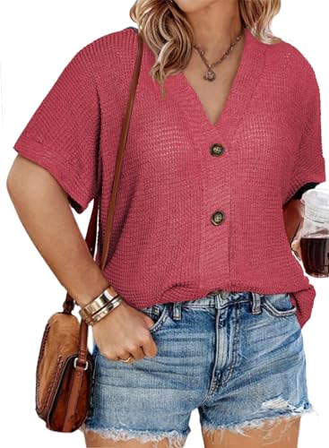 Image of Eytino Womens Plus Size Tops Casual V Neck Short Sleeve Waffle Knit Button Down Shirts(1X-5X)