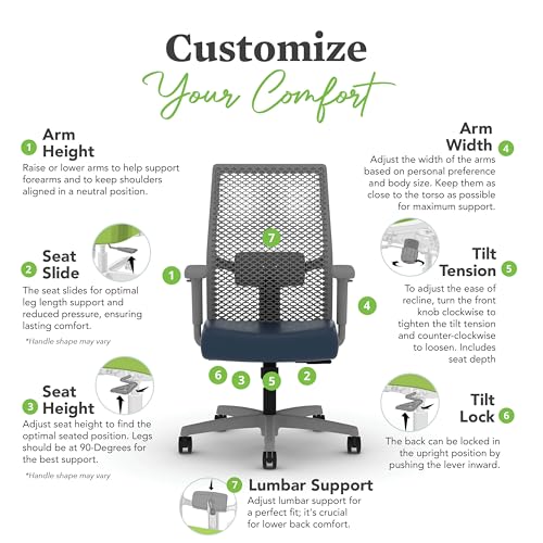 Image of HON Ignition 2.0 ReActiv Ergonomic Office Chair, Mesh Desk Chair with Lumbar Support, Synchro‑Tilt Recline, Height and Width Adjustable Arms, Swivel Wheels, Titanium Frame, Ocean
