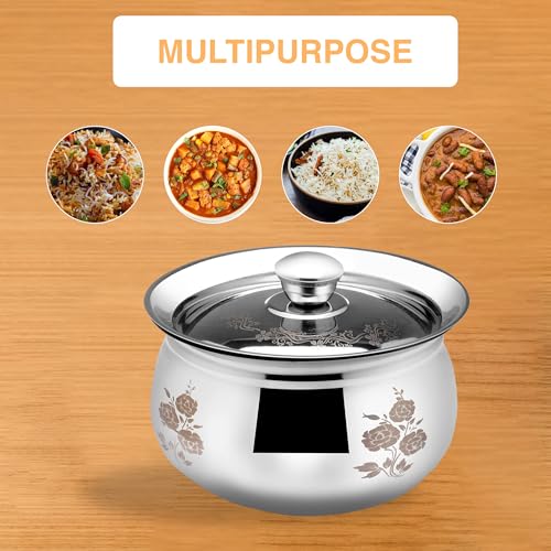 Image of Expresso Stainless Steel High Polished Steel Handi | Serving Pan| Steel Pot | Dahi Handi | Biryani Pot with Lid (1000ML)