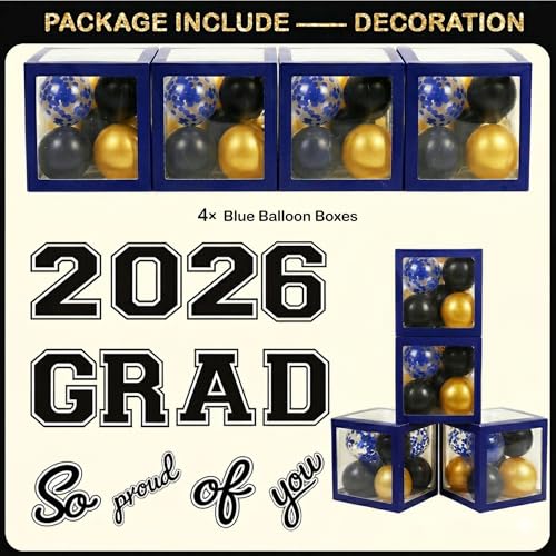 Image of Black and Blue Graduation Decorations Class of 2026 - Graduation Balloon Boxes, Balloon Arch Garland Kit, Fringe Curtains, Party Decorations 2026 for Any Grades