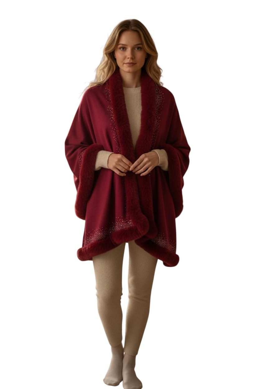 Women's Wool Blended 4side Faux Fur Wrap Shawl with Crystal for Winter Wedding/Dinner/Party-image-10