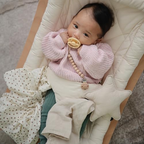 Image of FRIGG Moon SilkySoft Silicone Baby Pacifier | Made in Denmark | BPA-Free (Pale Daffodil /Soft Lilac, 6-18 Months)
