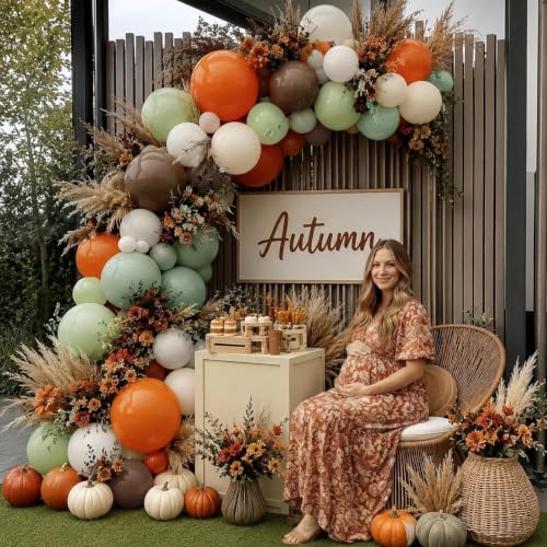 Image of Dusty Green Orange Brown Fall Color Balloon Arch Garland Kit | Double Stuffed Burnt Orange Coffee Beige Balloons for Boho Birthday Thanksgiving Autumn Neutral Baby Shower Party Decor