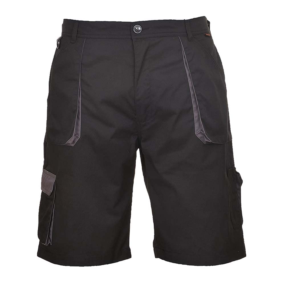 Portwest TX14 Texo Contrast Work Shorts 7 Pocket Multi Function Utility Breathable Summer Workwear Durable Safety Sitewear with Elastic Waist, Black, XX-Large