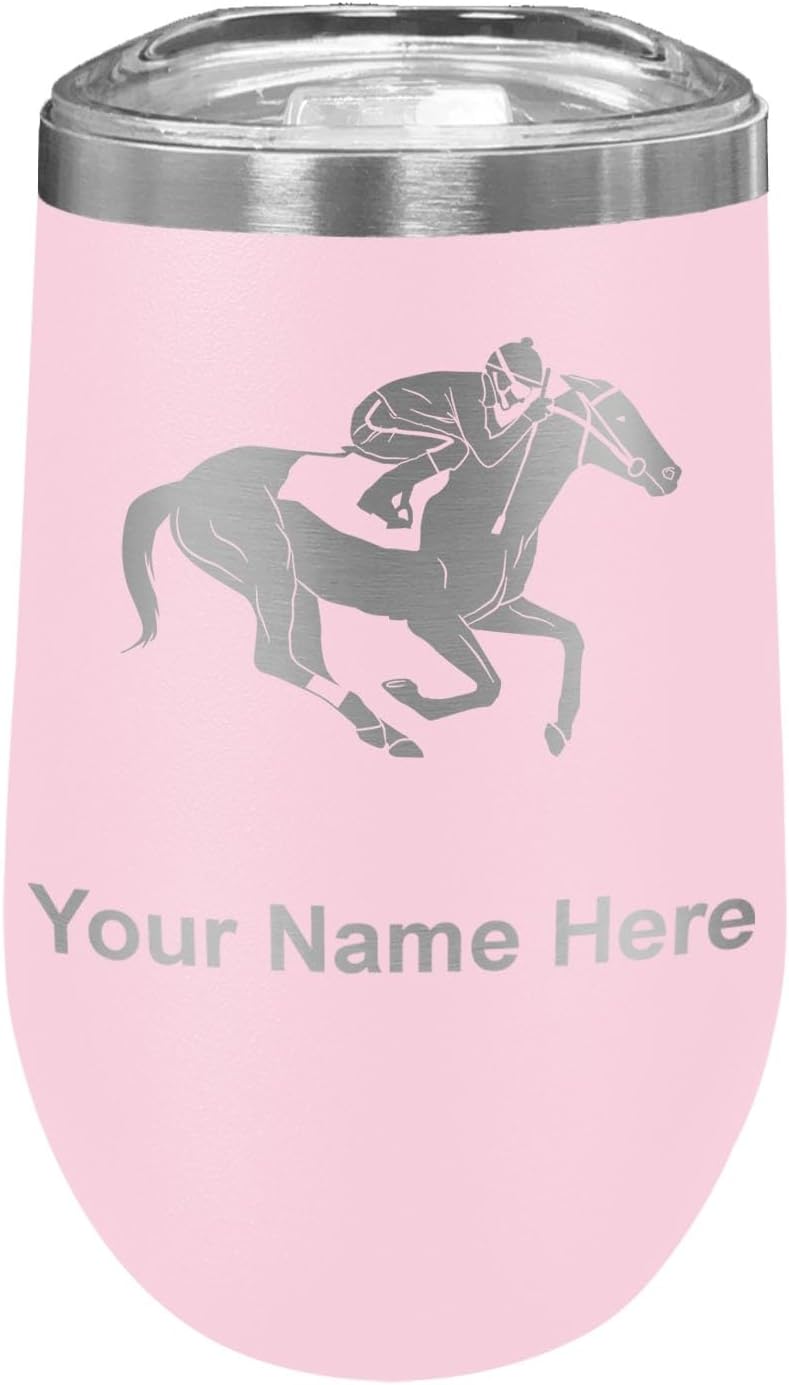 LaserGram 16oz Double Wall Stainless Steel Wine Glass Tumbler, Horse Racing, Personalized Engraving Included (Black)