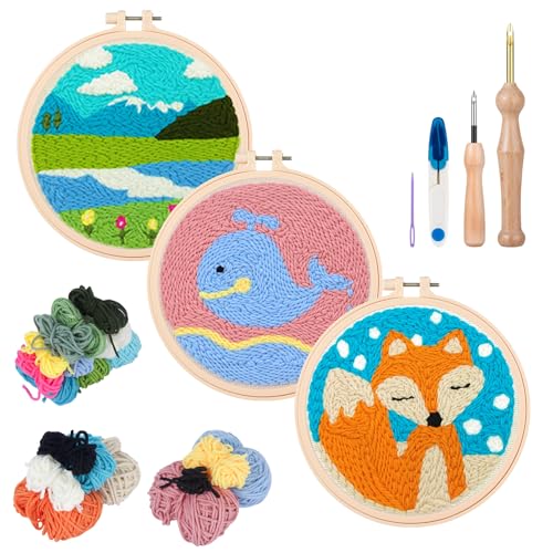 Image of Zuaooz 3 Sets Punch Needle Kits,Whale Fox and Snow Punch Embroidery Kits for Adults Beginner, Tool with Punch Needle Fabric, Hoops, Yarns and Sewing Needles