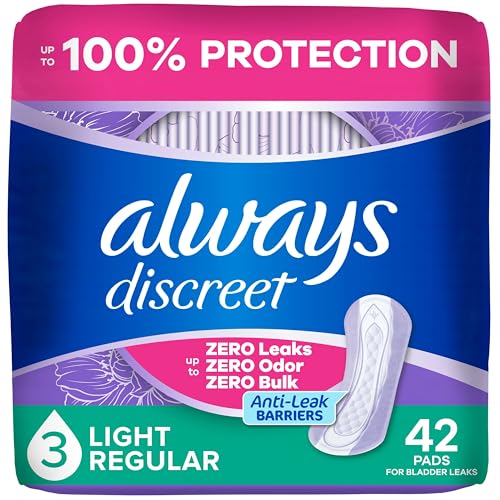 Always Discreet Adult Incontinence Pads for Women Light Absorbency Regular Length Postpartum Pads Up to 100% Bladder Leak Protection 42 Count