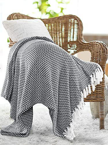 Image of SASHAA WORLD Chevron Throw Blanket Handwoven with Fringes | Throw for Living Room, Bed, XL Sofa & Chair | Navy Throw Blanket | 170x250 cm Pack of 1