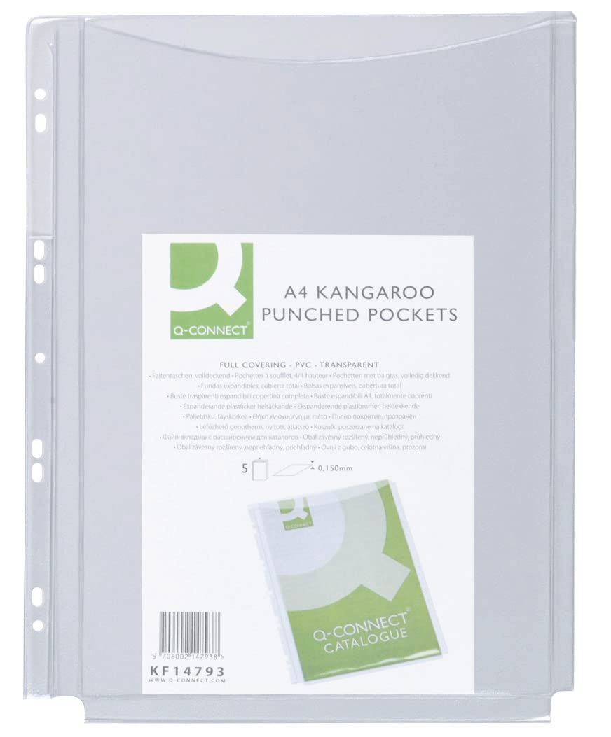 Catalogue Punched Pockets Q-CONNECT PVC A4 Cristal 150 Micron 5pcs / Document Archiving/Type-Crystalline/Kind-for Folders/Material-PVC/Colour-Transparent/Format-A4 / Thickness (mm)-150