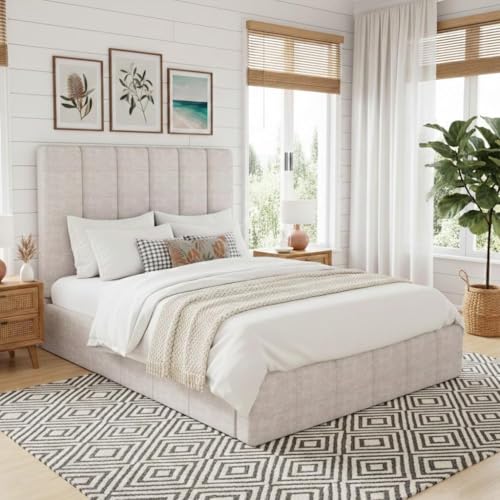 Artiss Double Bed Frame with Storage | Upholstered Platform Bed | Gas Lift Base | Modern Beige Linen Fabric | Pine Wood Frame for Bedroom, Home Decor (Double Size 138x188cm)