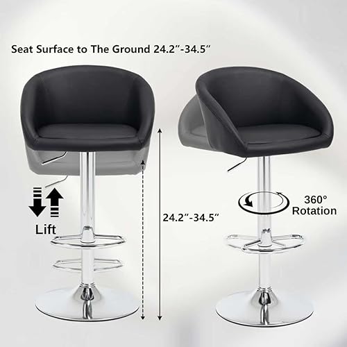 Miniatura 3 de Juego de 2 taburetes de bar, modernos taburetes de bar giratorios de piel sintética, silla de isla ajustable con base de metal plateado reposapiés