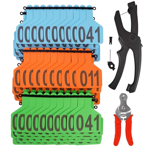 150Pcs Cattle Ear Tag with Number 001-050 1-Piece Z Tags for Livestock Sheep Goat Pig Dog Deer,with Professional Ear Tagger Applicator and Ear Tag Remove Plier
