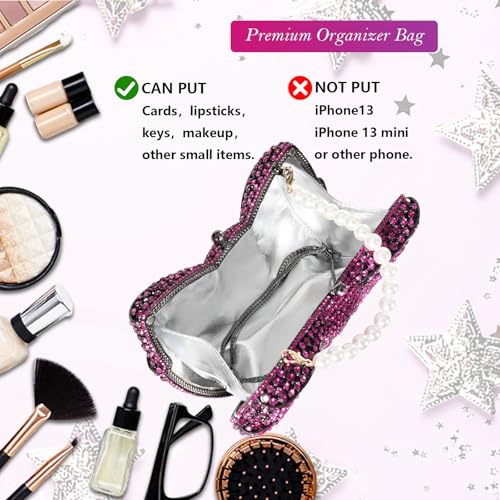 Image of Handmade Inlay Rhinestone Bow Clutch Bag for Women, Sparkling Evening Party Wedding Purse with Detachable Pearl Chain
