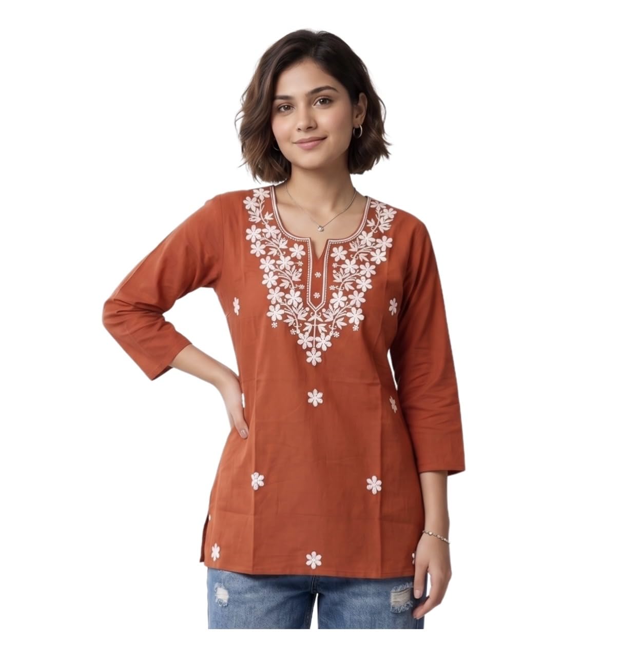hava fashions Women’s Short Kurti Floral Embriodery Ethnic Top 3/4 Sleeves Comfortable Regular Fir Kurta for Jeans Leggings Casual Summer Traditional Office Outfits for Girls-picture-31