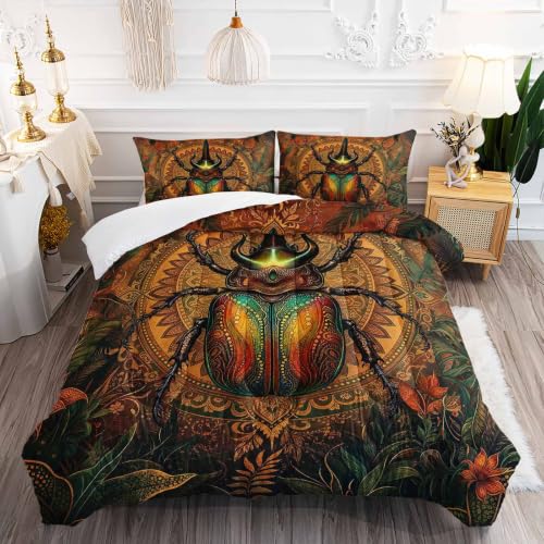 Image of AILONEN Full Comforter Set 3 Piece, Bronze Beetle Woodland 3D Printed Bedding with 2 Pillowcases, Soft Breathable Microfiber Vintage Decor for Guest Room
