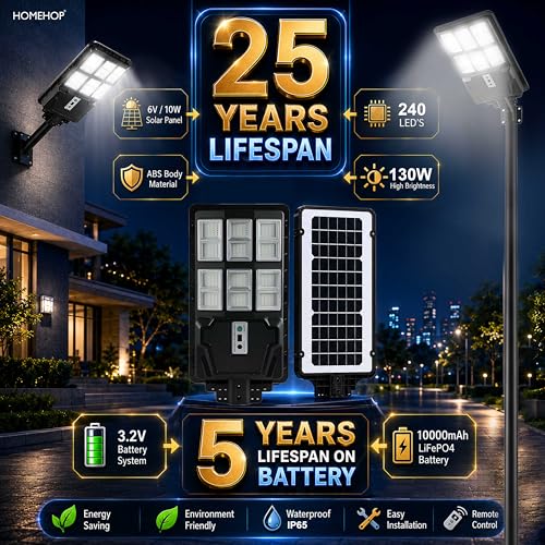 Image of Homehop Solar Light Outdoor Home Garden 130W Street Motion Sensor Wall Lamp | Solar Street Light Outdoor Waterproof Wireless LED Security for Road, Patio and Pathway with Pole (Cool White,10000mAh, ABS)