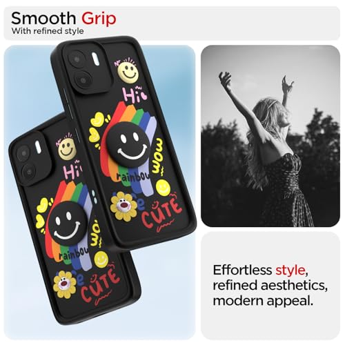 Image of Pikkme Back Cover for Redmi A1 / Redmi A2 | Soft Silicone| Cute Rainbow Smile & 3D Cartoon Flower Design | Shockproof Raised Camera Protection Bumper Case (Black)