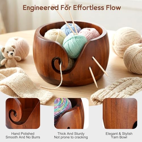Image of Wooden Yarn Bowl for Crocheting, Knitting Yarn Bowl with Holes Storage, Crochet Bowls for Yarn, Crochet Yarn Bowl for Crocheting and Knitting Lovers Gift(6 inch x 6 inch x 3 inch)