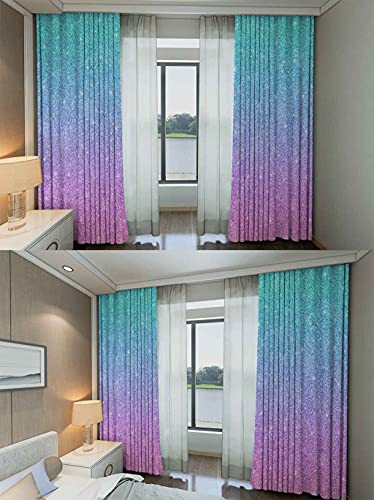 Feelyou Teal Pink Glitter Curtains For Girls Bedroom Rod Pocket Kids Sparkle Mermaid Curtains Girly Turquoise Pastel Window Treatment Drapes 42W X 63L Inches 2 Panels (No Glitter) #TOP5