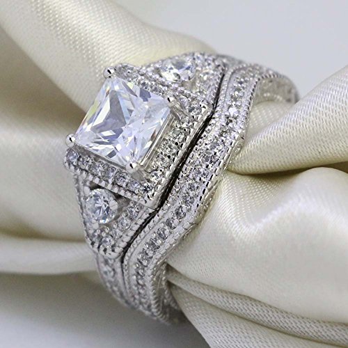 Two Rings His Hers Wedding Ring Sets Couples Matching Rings Women's 2pc White Gold Filled Square CZ Wedding Engagement Ring Bridal Sets & Men's Titanium Wedding Band2