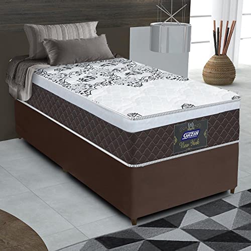 Cama Box Solteiro Colchão Molas Ensacadas com Euro IN New York Marrom,Branco 88x188x64cm