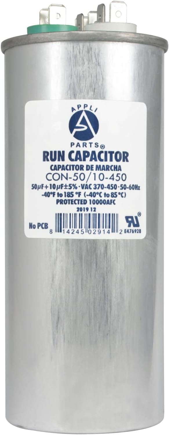 Appli Parts Dual Run Capacitor for ac 50+10 Mfd uF (microfarads) 370VAC or 450VAC CBB65 Round Universal fit for hvac and other applications 5-5/8 in High 2-1/8 in Wide CON-50/10-450