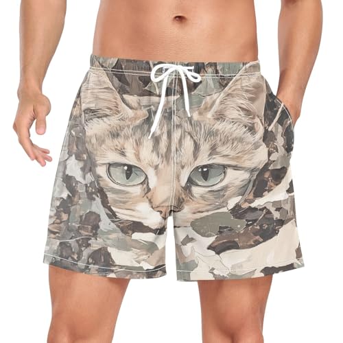 Camouflage Kitten Cat Men's Swim Trunks with Liner Quick Dry Beach Shorts Swimwear Bathing Suit S-XXL