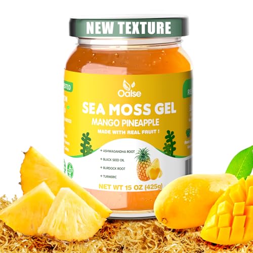 OALSE New Wildcrafted Sea Moss Gel - Natural Seamoss Gel with Ashwagandha Root, Burdock Root, Turmeric - Non-GMO, Gluten-Free, Vegan, Mango Pineapple Flavor