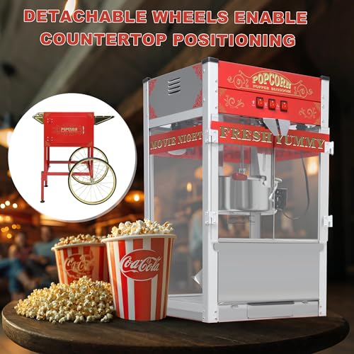 Image of 24OZ Commercial Popcorn Machine with Cart - Retro Theater Style Popper Makes 100 Cups Per Batch, Stainless Steel Kettle & Wheels, for School,Church,Carnival,Birthday Parties,Events,Movie Theater, Red