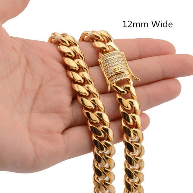 WXP 18K Gold Cuban Link Chain Necklace or Bracelet for Men Women 8mm 10mm 12mm 14mm 18mm Stainless Steel Miami Chain Gold Chain Necklace Hip Hop Jewelry 7.5-30inch4
