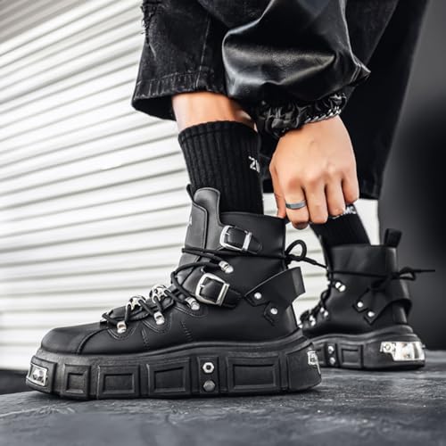 Men's Gothic Leather Motorcycle Chunky Platform Boots Lace Up Round Toe High Top Metal Buckle Non-Slip Lightweight Punk Fashion Sneakers for Streetwear Night Out Party Riding Daily Comfort (Black,10) angle 6