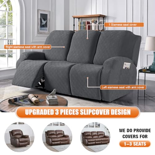 Image of VANSOFY Recliner Covers, 3-Pieces Stretch Reclining Couch Covers with Pockets Reclining Couch Slipcovers 3 Seater Soft Washable Furniture Protector for Dogs Cats(Charcoal Gray)